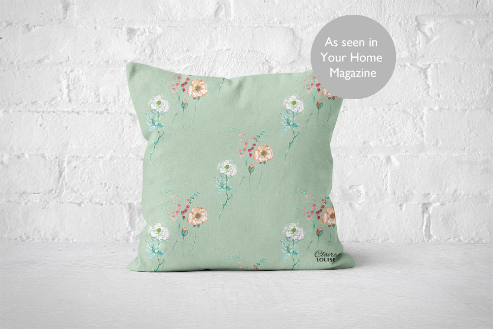Spray of Flowers Cushion - Celadon Green