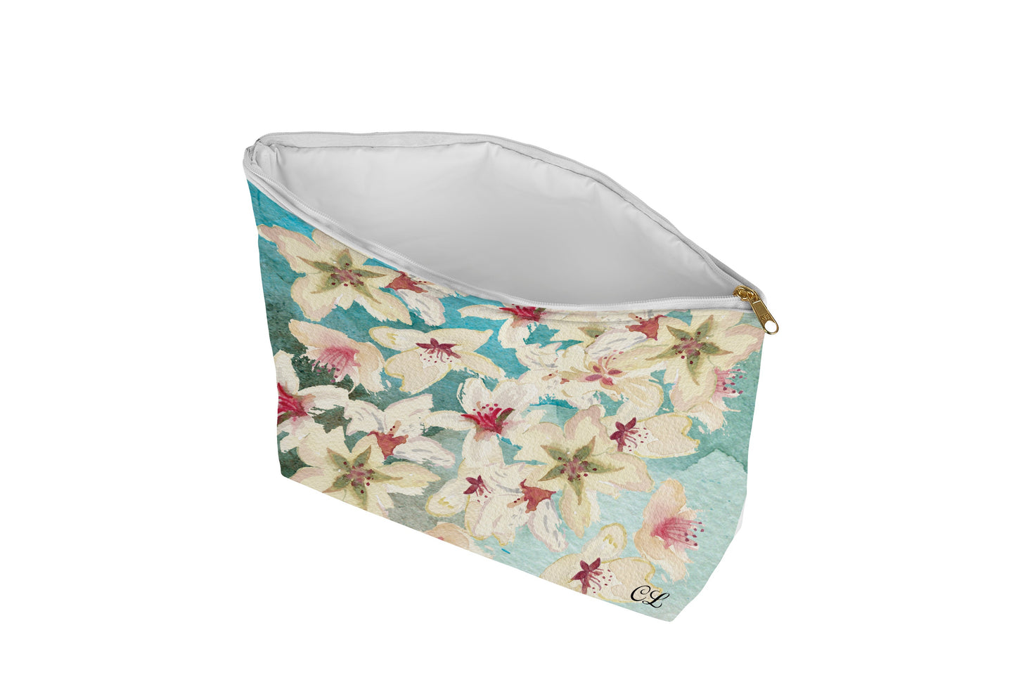 Floral patterned pouch on a aqua background