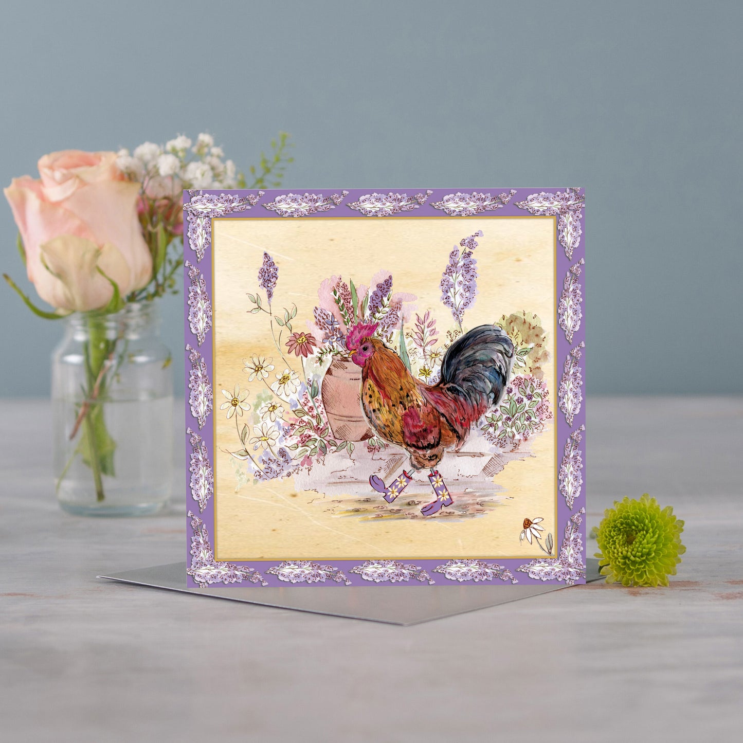 Cockerel Bouquet Boots Greeting Card - Pack of 6