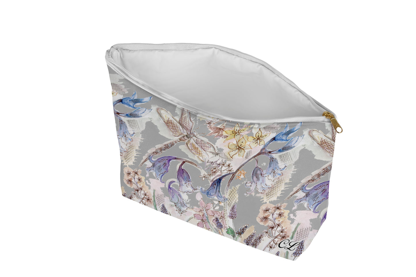 Floral patterned pouch on a grey background