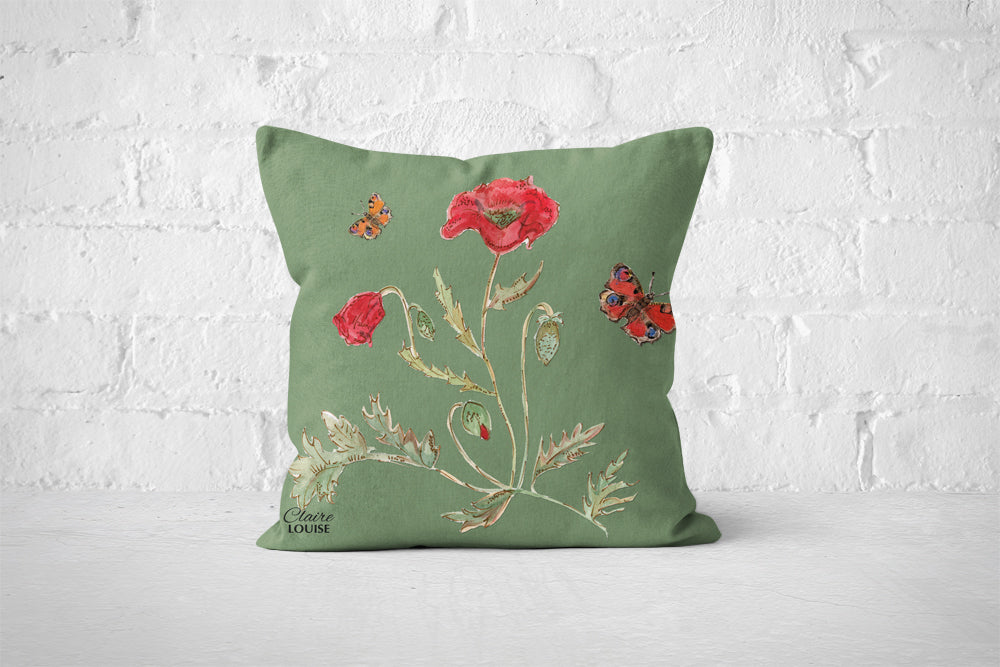 Botanical Watercress Poppies Cushion