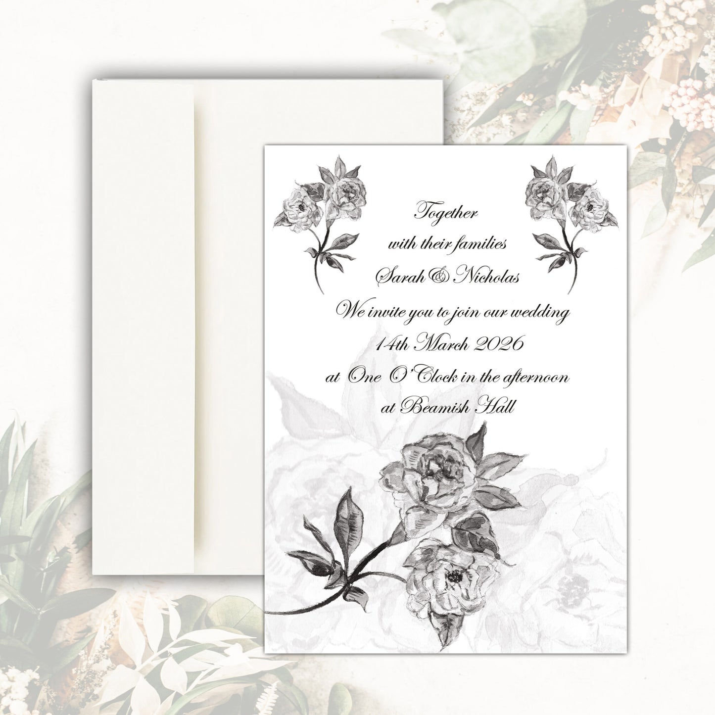 Botanical Rose Wedding Invitation - Black and White
