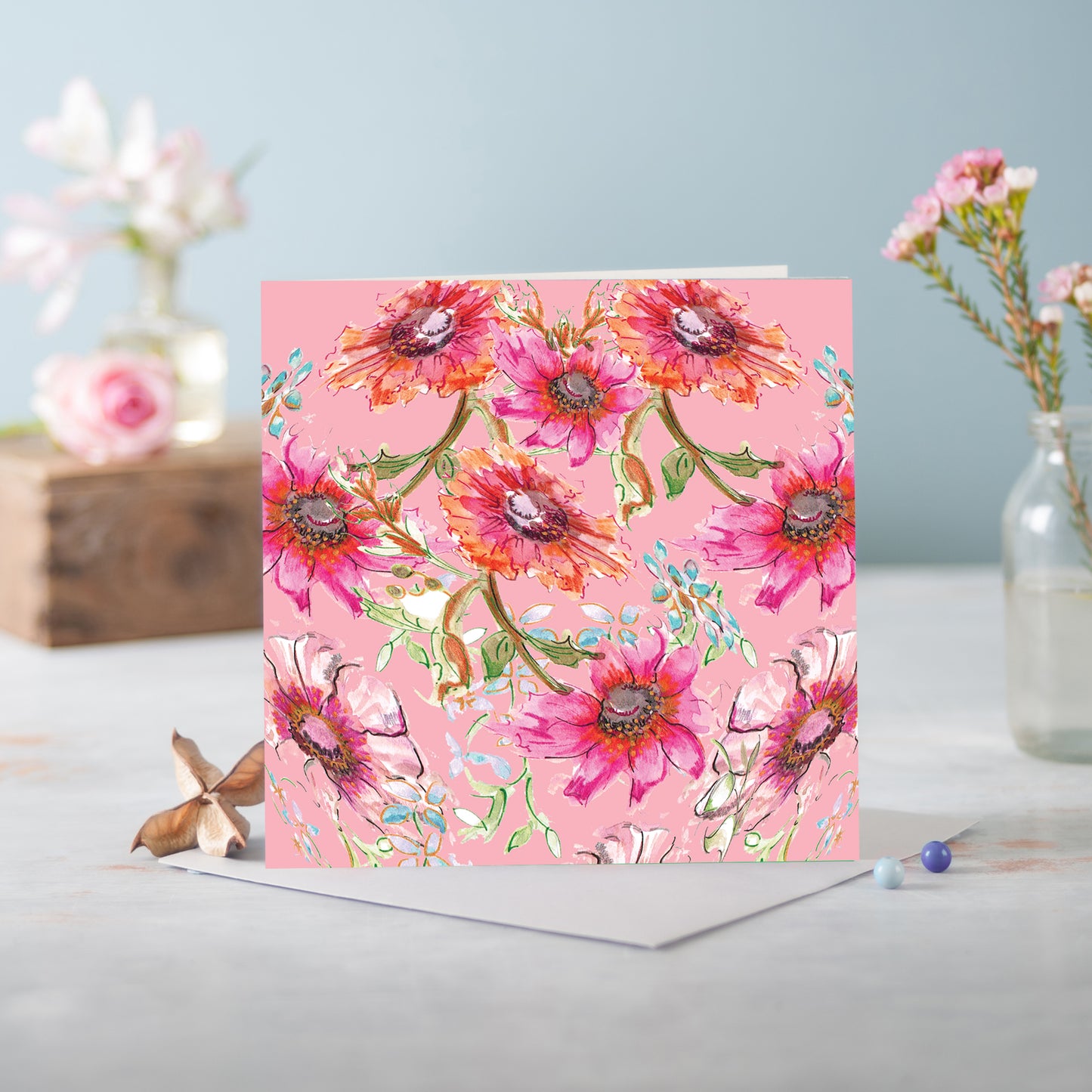 Cottage Floral Pink Greetings Card - Pack of 6