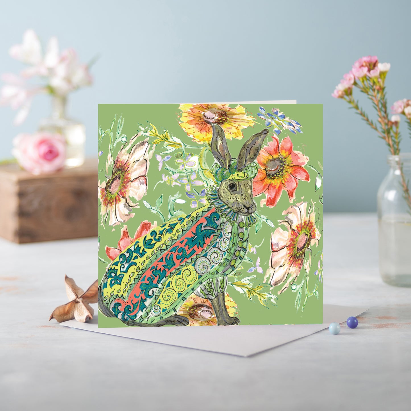 Cottage Floral Ornate Hare Greeting Card - Pack of 6