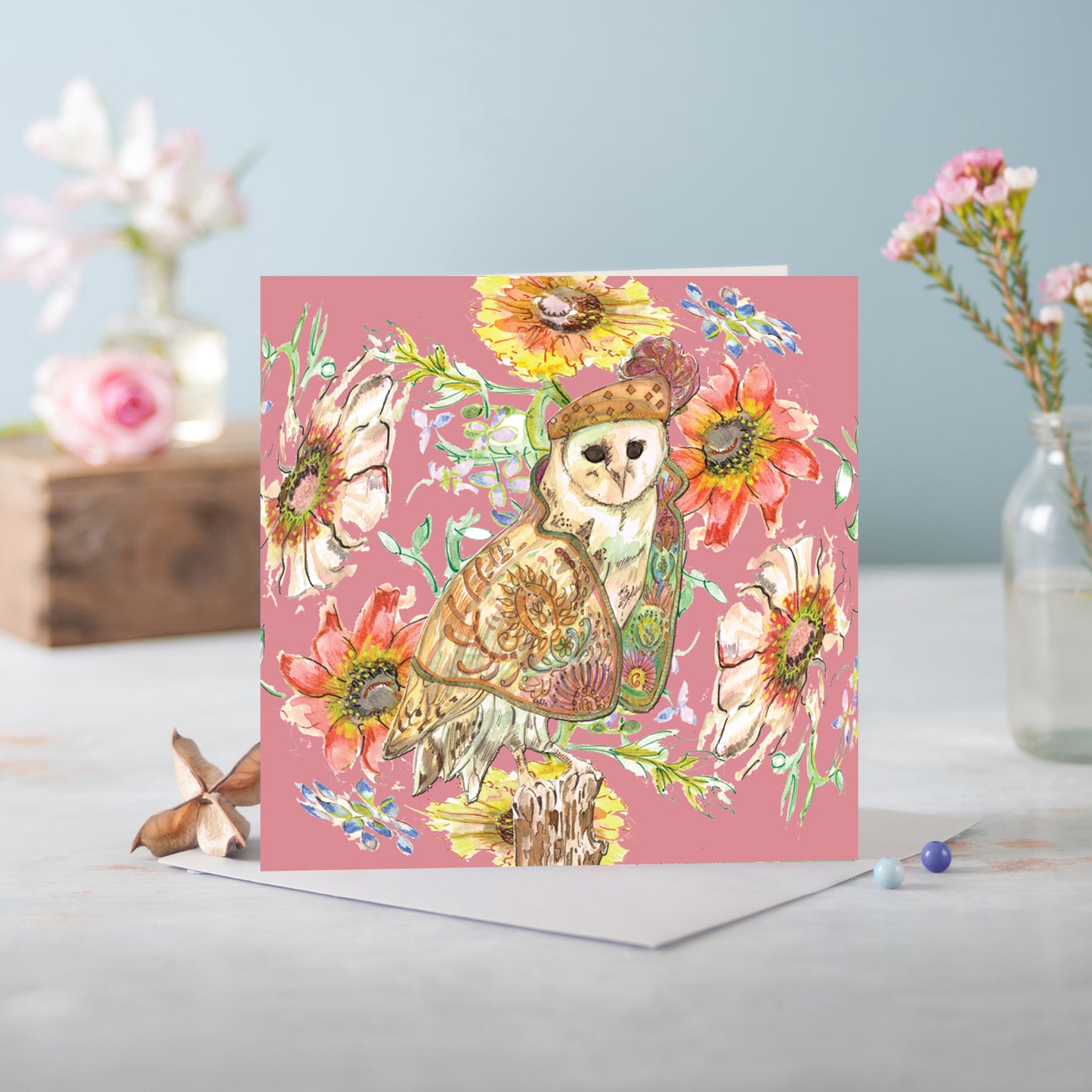 Cottage Floral Ornate Owl Greeting Card - Pack of 6