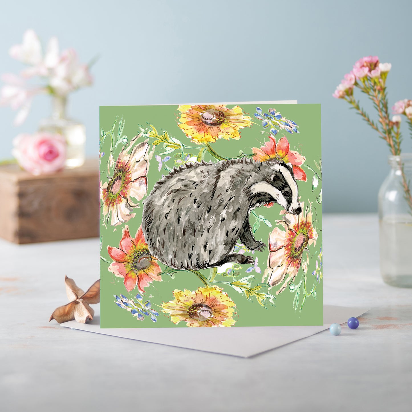 Cottage Floral Badger Greeting Card - Pack of 6