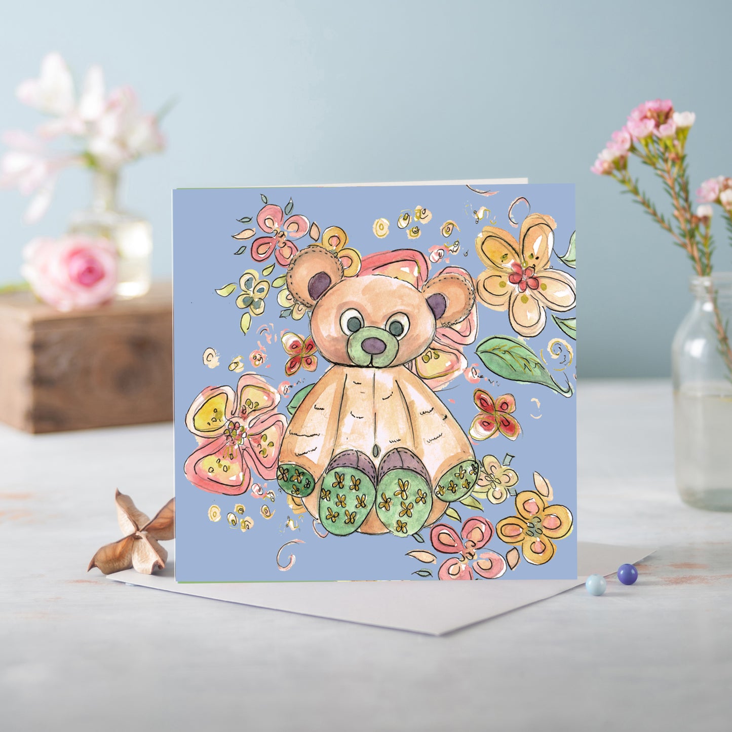 Cottage Floral Baby Blue Bear Greeting Card - Pack of 6