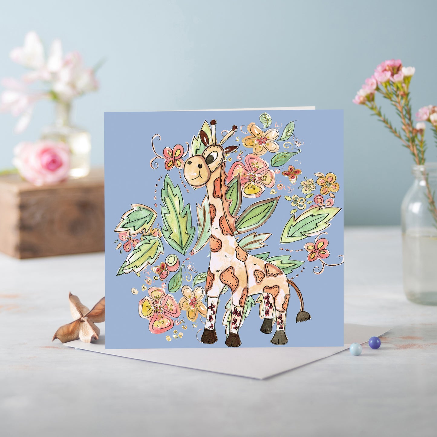 Cottage Floral Chambray Blue Giraffe Greeting Card - Pack of 6