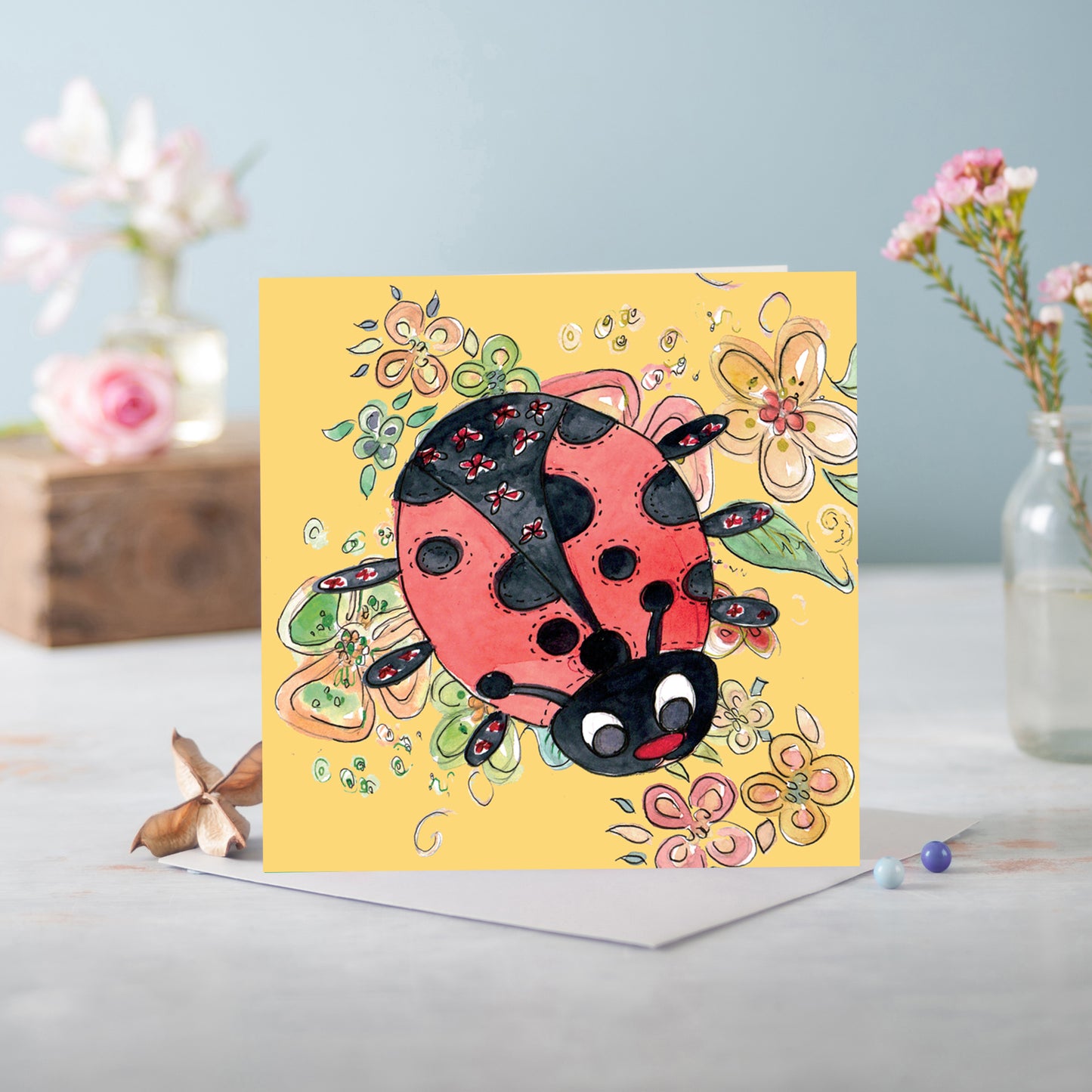 Cottage Floral Lemon Ladybird Greeting Card - Pack of 6