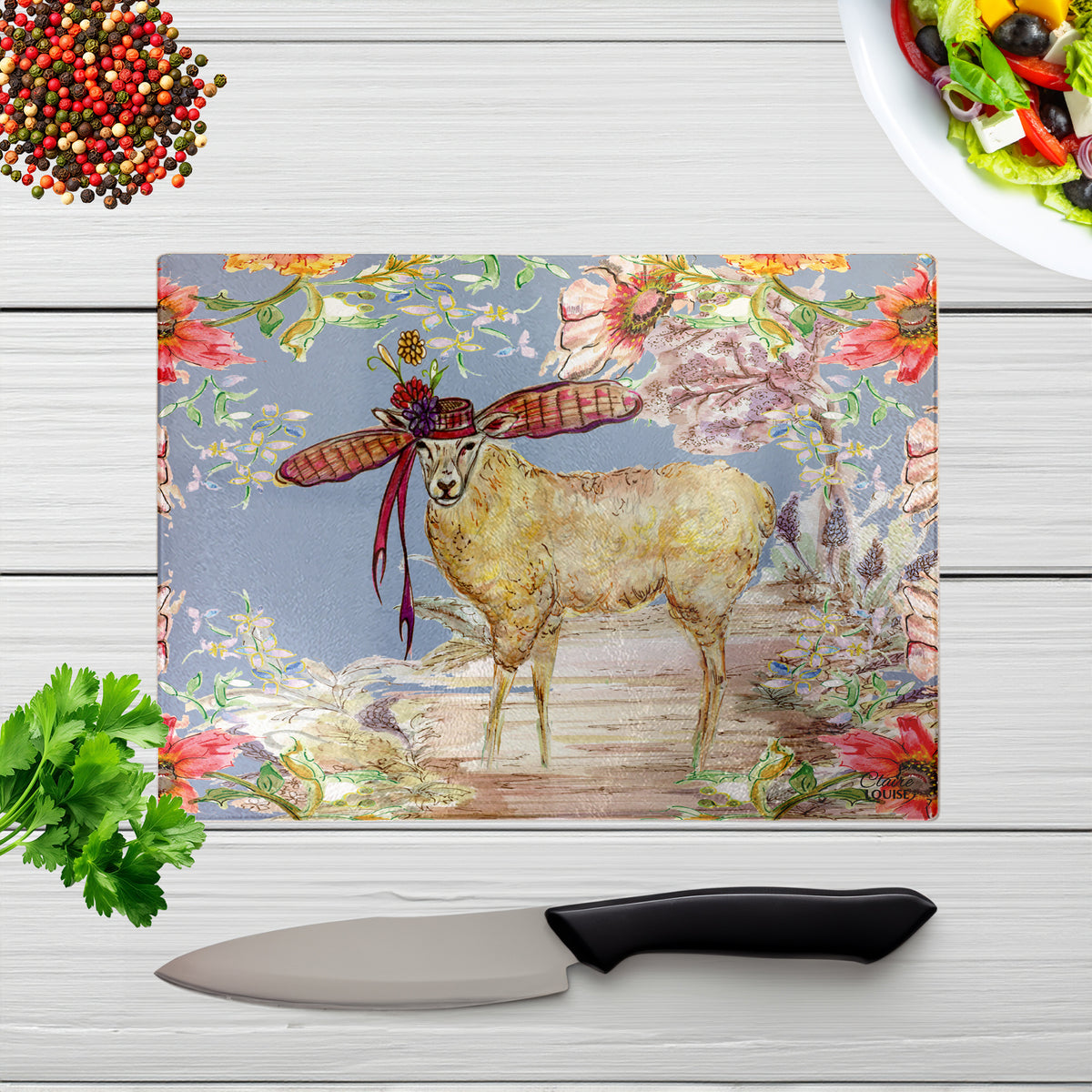 Whimsical Sheep Glass Chopping Board