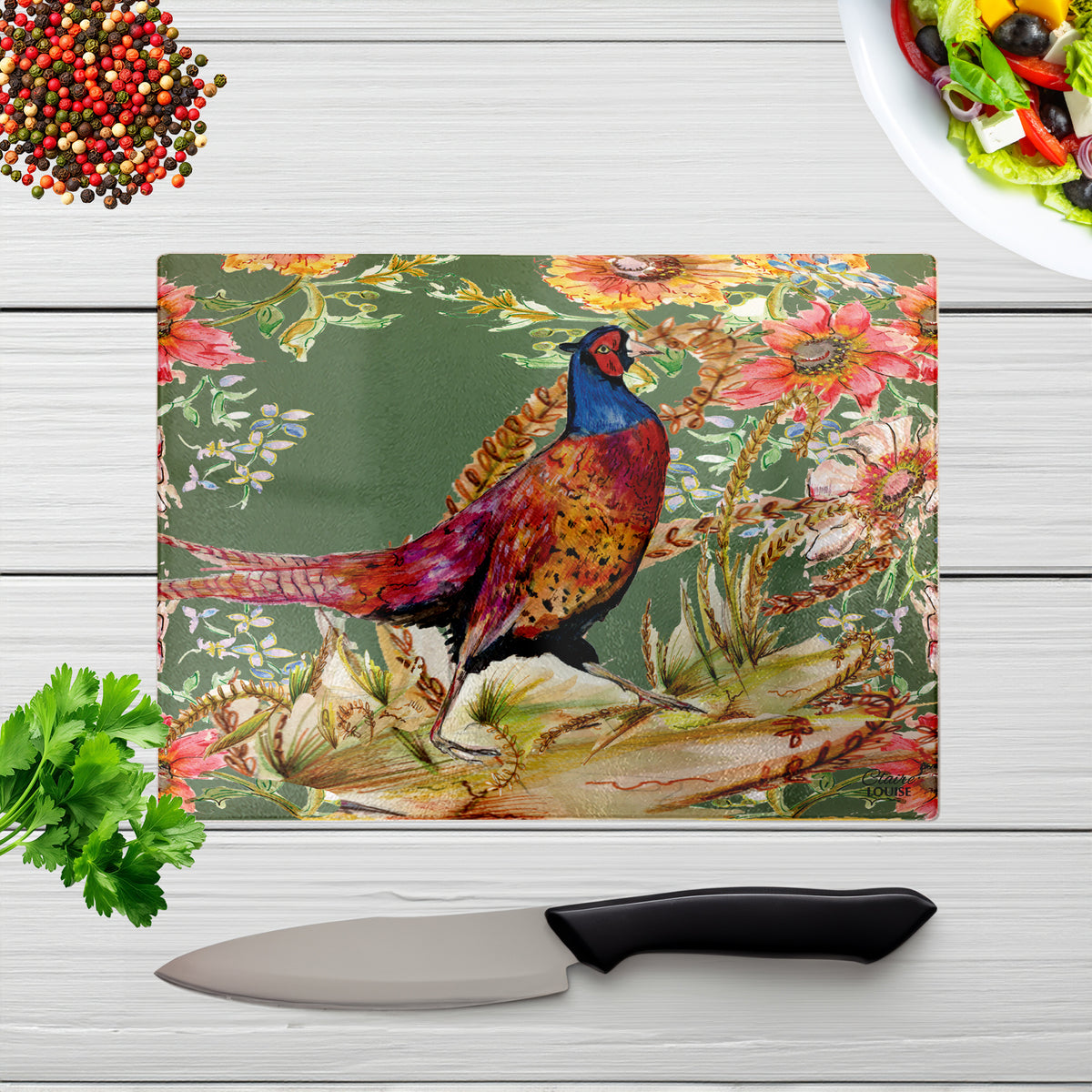 Whimsical Pheasant Glass Chopping Board