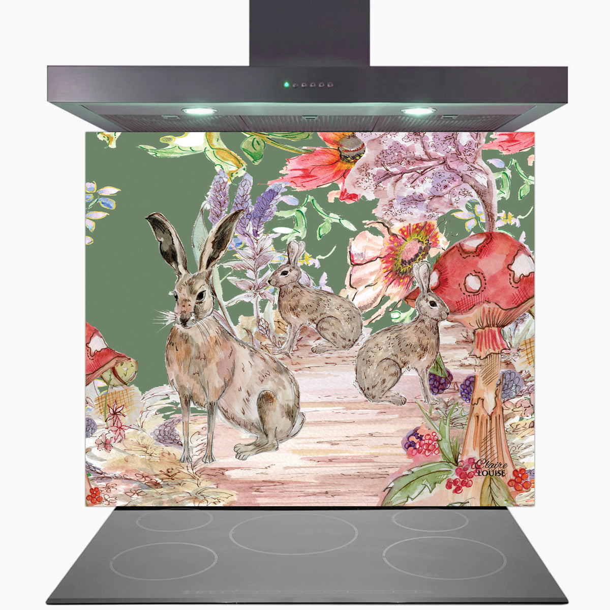 Whimsical Hare Kitchen Glass Splashback