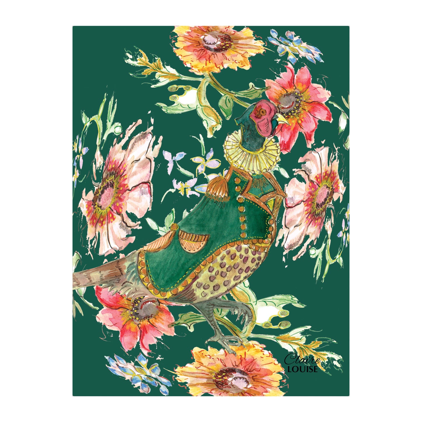 Cottage Floral Forest Green Pheasant Glass Wall Art