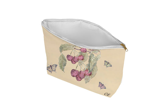 Cosmetic bag with floral design on a beige background