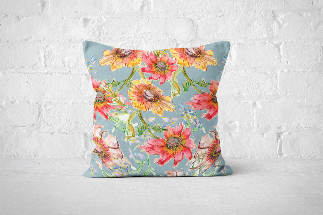 Cottage Flowers Blue Cushion