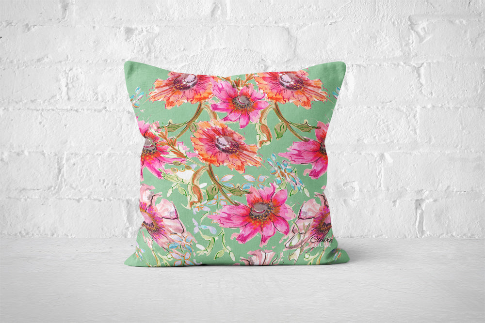 Cottage Flowers Mint Green Cushion