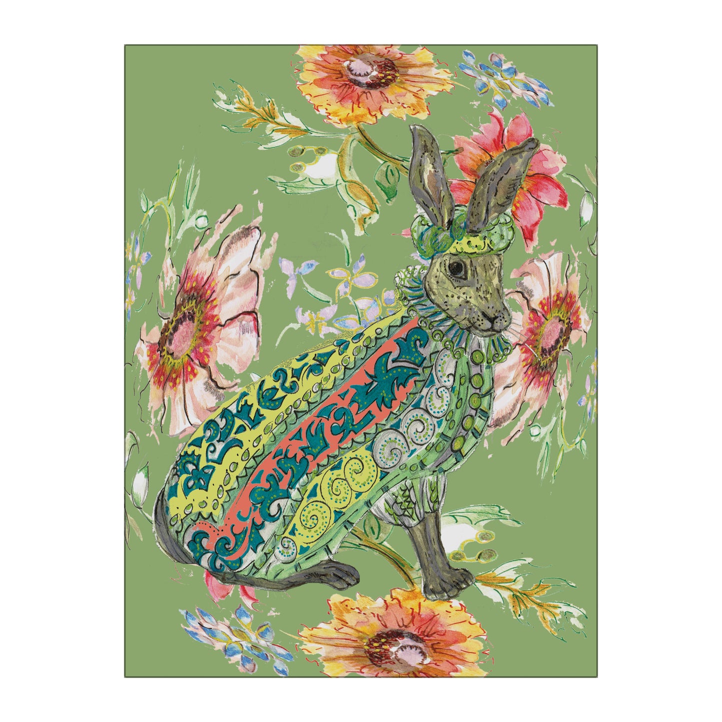 Cottage Floral Ornate Hare Glass Wall Art