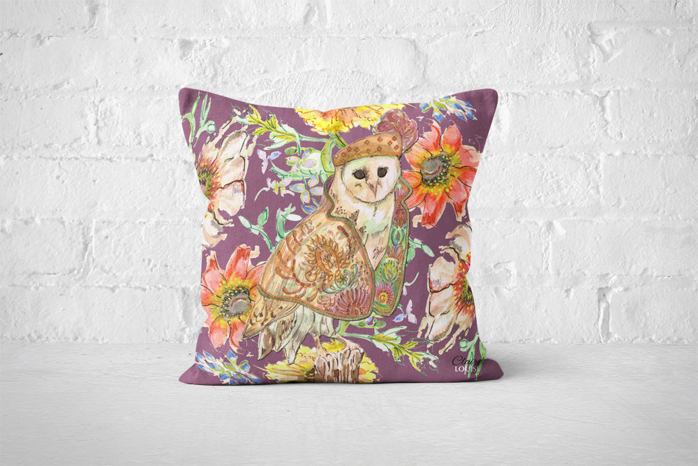 Cottage Floral Ornate Owl Plum Cushion
