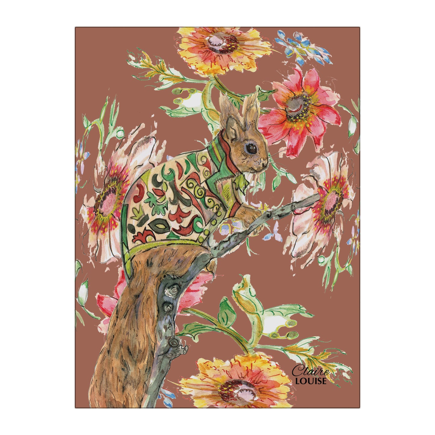 Cottage Floral Ornate Squirrel Glass Wall Art
