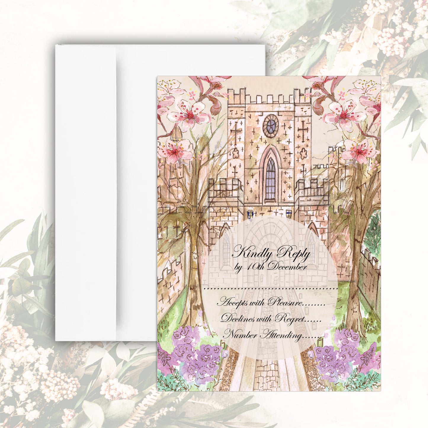 Durham Castle Blossom RSVP Card - Beige