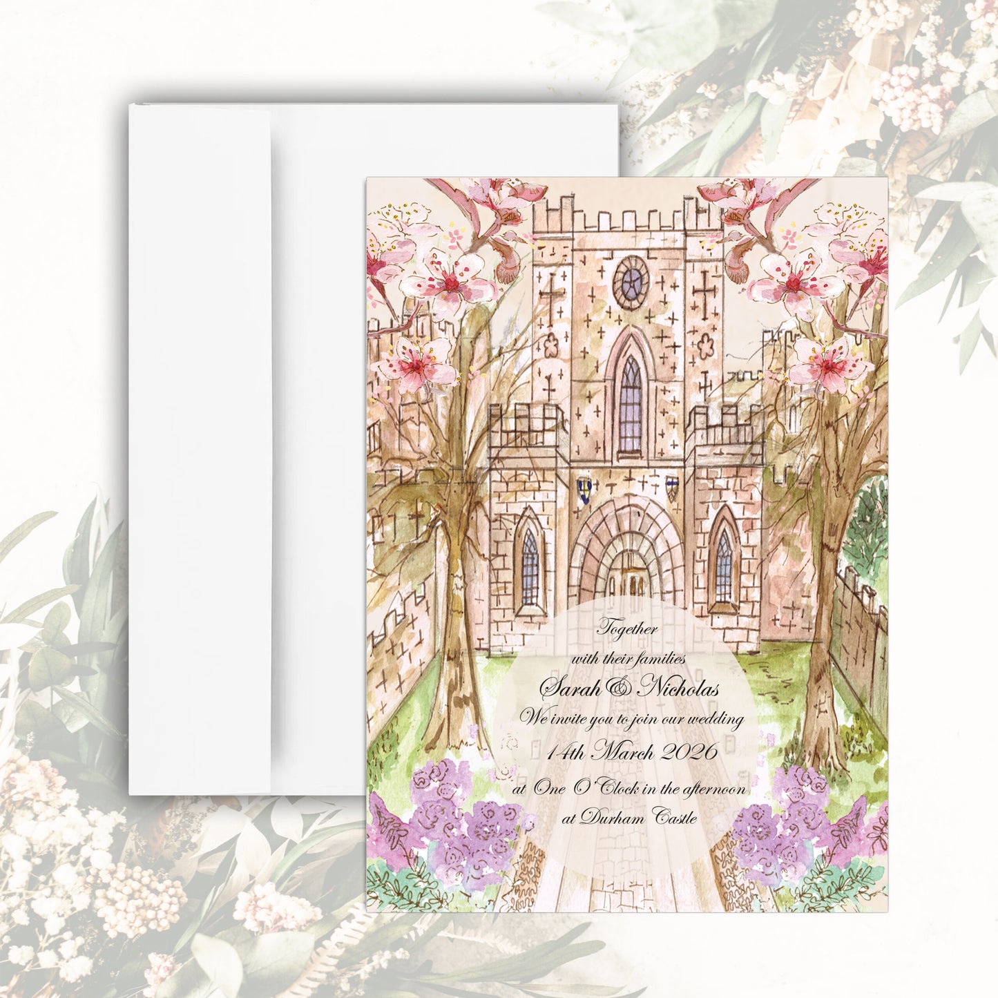 Durham Castle Blossom Wedding Invitation - Beige