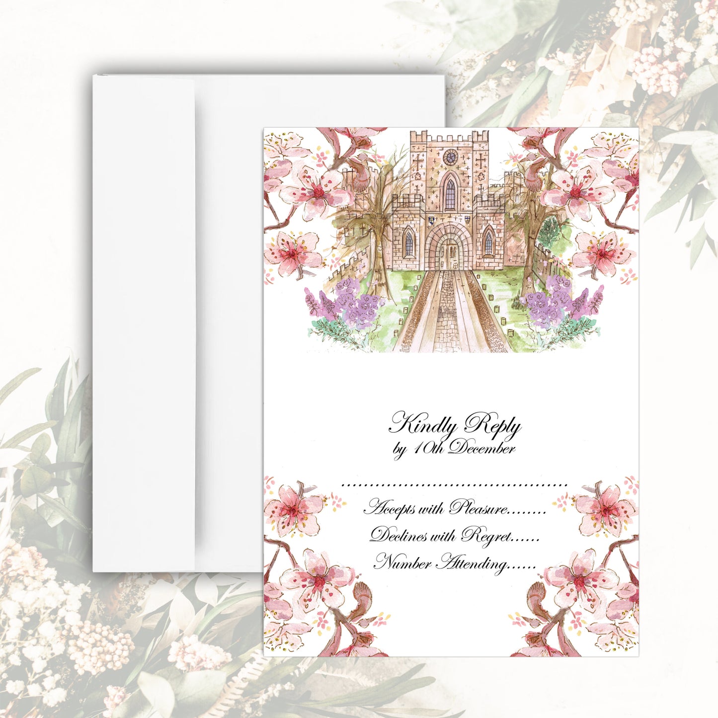 Durham Castle Blossom RSVP Card - White