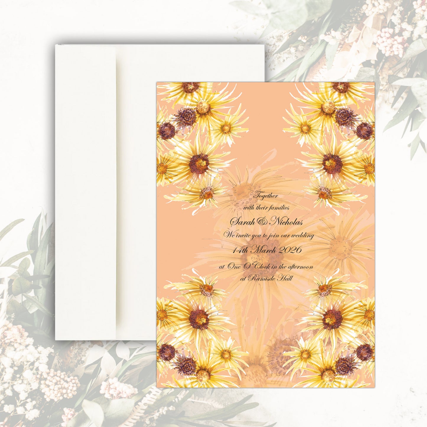 Golden Daisies Wedding Invitation (Peach)