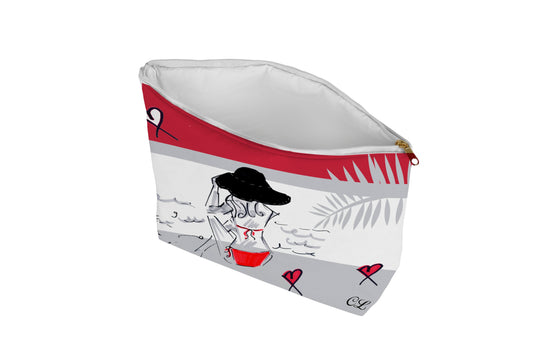 White pouch with red accents and black design on a white background