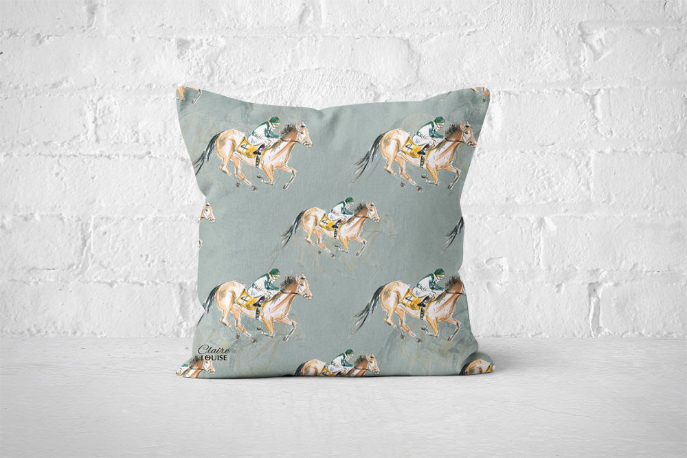 Horse Racing Patterned Cushion (Pebble)