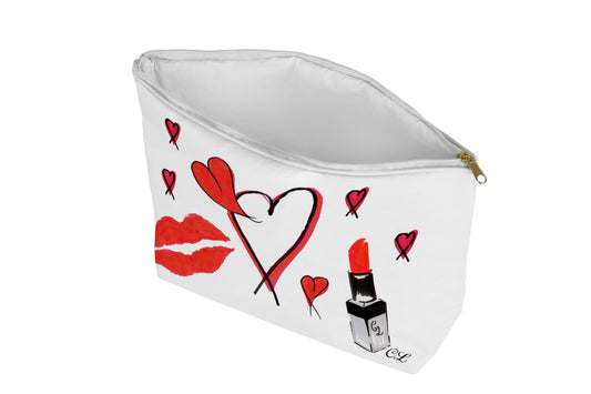 White pouch with red lipstick, heart, and lips design on a white background