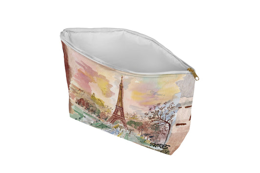 Cosmetic bag with Eiffel Tower and cherry blossoms design on a white background