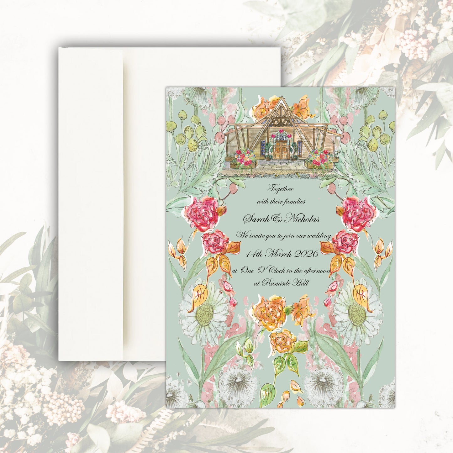 Ramside Hall Wedding Invitation (Green)