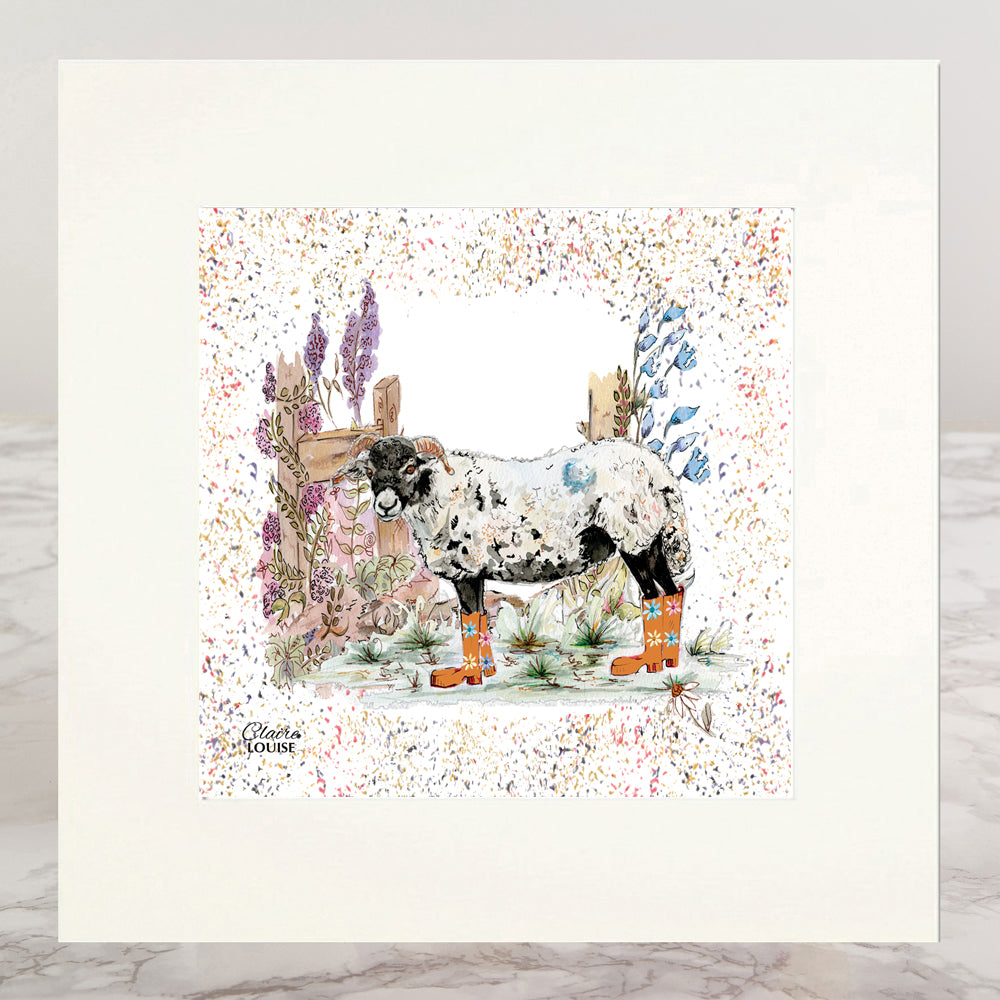 Sheep Bouquet Boots Mounted Print
