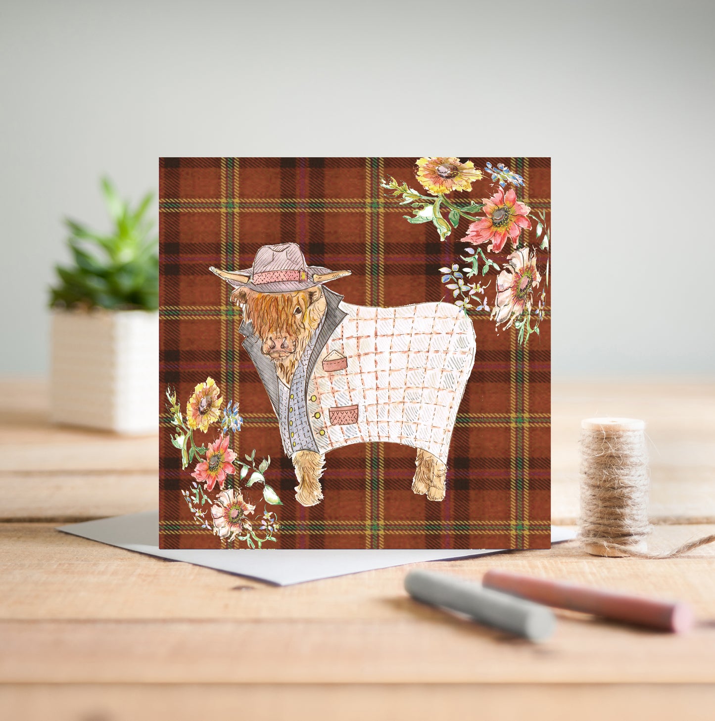 Tweed Highland Cow Greetings Card - Pack of 6