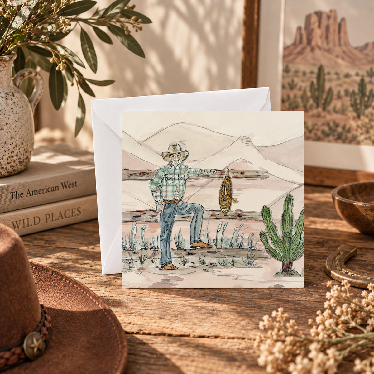 A western-themed art print card featuring a hand-drawn cowboy in a desert landscape, displayed on a rustic wooden table with a white envelope behind it. The scene is styled with a brown leather cowboy hat, a ceramic vase with greenery, a stack of western books, and desert-themed props.
