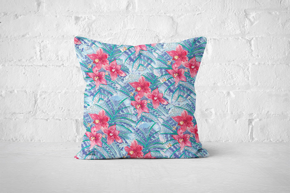 Tropical Hibiscus Cushion (Blue)