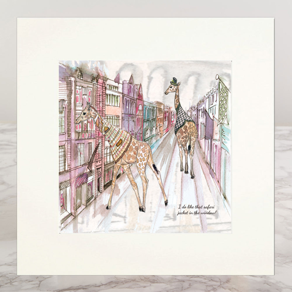 Giraffes In The City Mounted Print