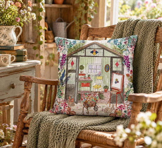 A square decorative throw pillow featuring a colorful illustration of a greenhouse scene, styled on a rustic wooden rocking chair with a knitted green blanket in a sunlit garden room setting.