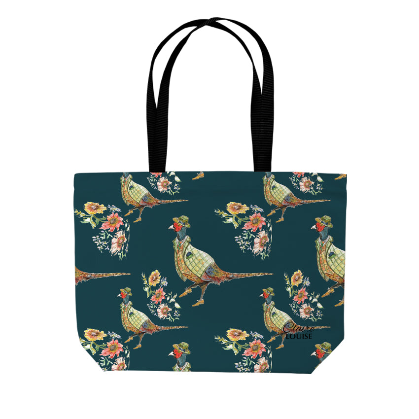 Dark teal pheasant double sided print shopper