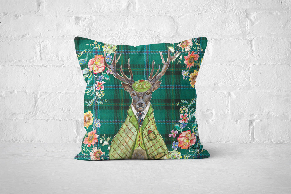Tartan Stags Head Cushion