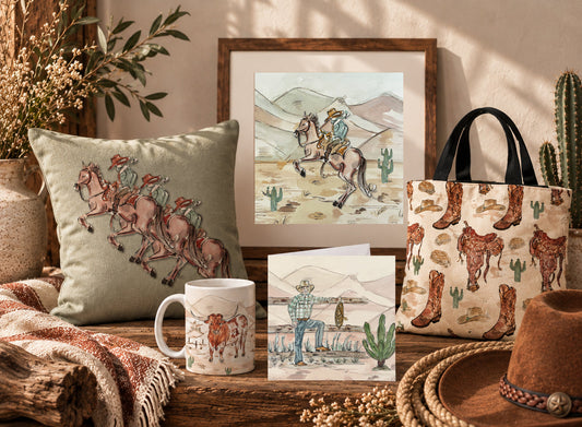 Lifestyle display of Claire Louise’s American West collection featuring illustrated western homeware and gifts