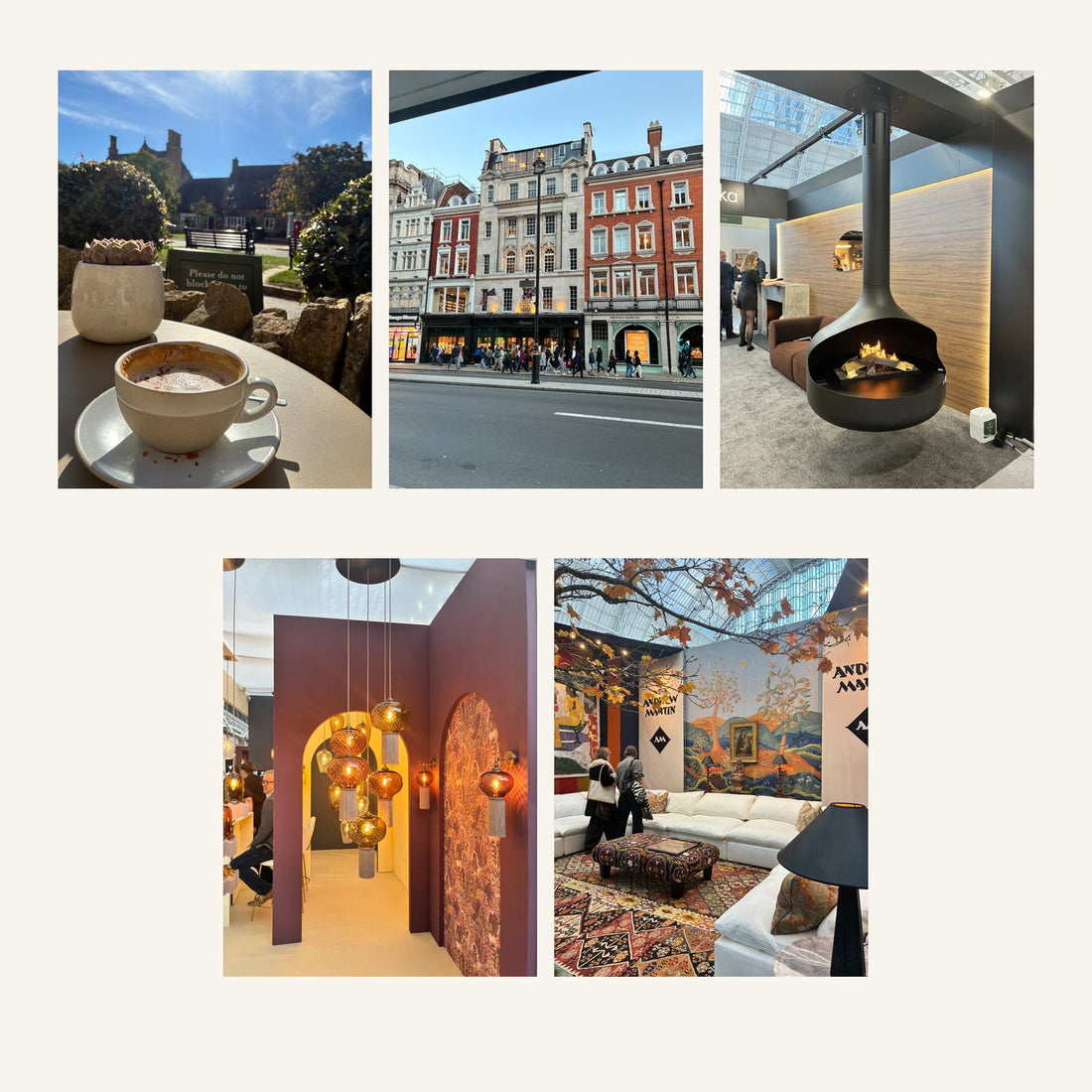 Collage of a Cotswolds coffee stop, Hatchards on Piccadilly and interior displays at Decorex.