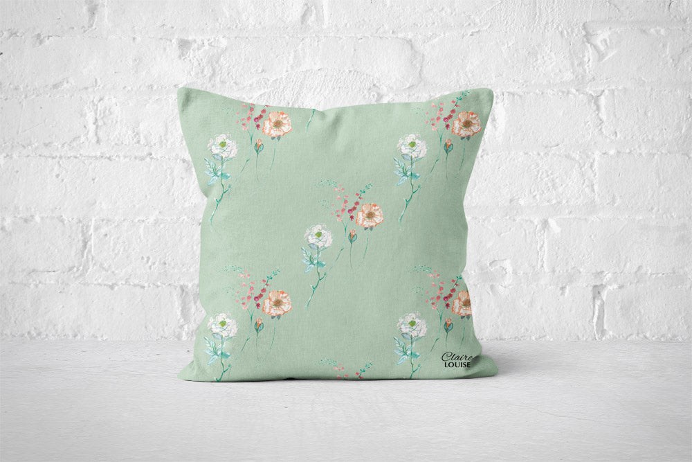 A Spray Of Flowers Pattern Wedding Cushion - Celadon Green