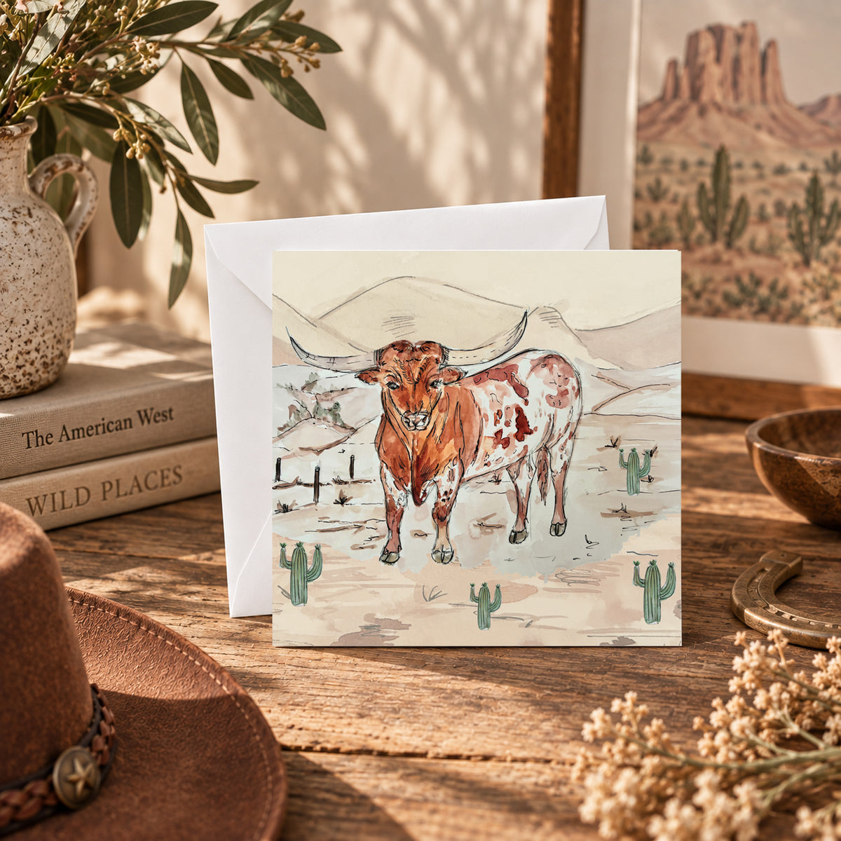 A square art print or card featuring a watercolor illustration of a longhorn cow in a desert landscape, displayed on a rustic wooden table with a white envelope behind it. Surrounding props include a brown cowboy hat, dried flowers, a ceramic vase with greenery, stacked books, and another framed western print.