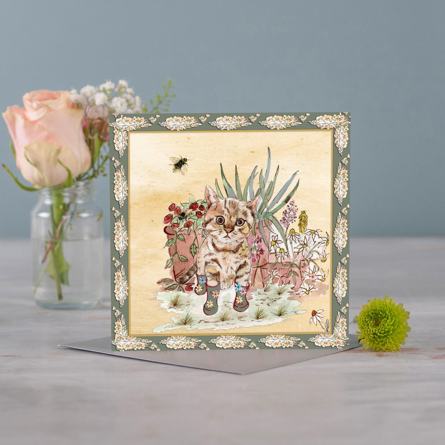 Pussycat Bouquet Boots Greeting Card - Pack of 6
