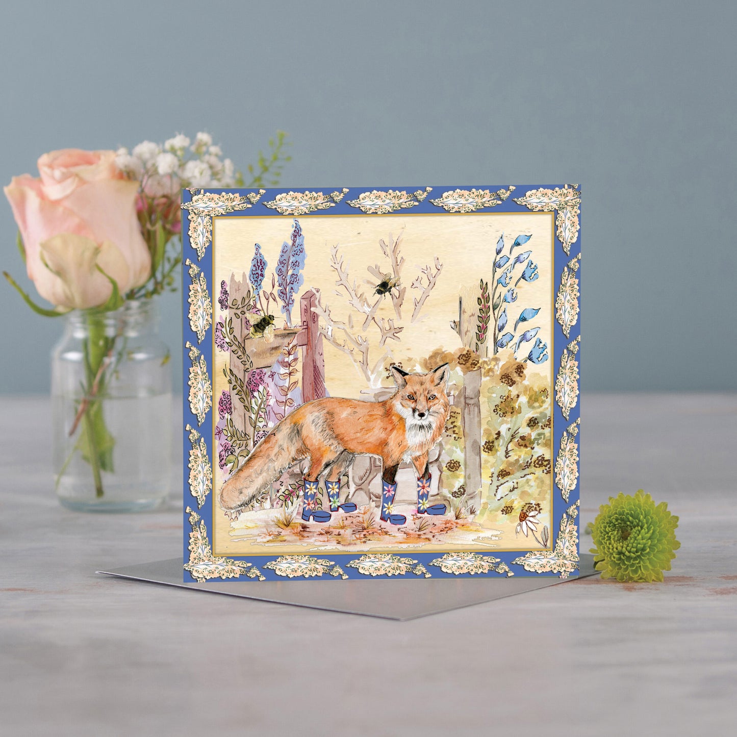 Fox Bouquet Boots Greeting Card - Pack of 6