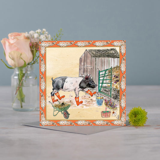 Pig Bouquet Boots Greeting Card - Pack of 6