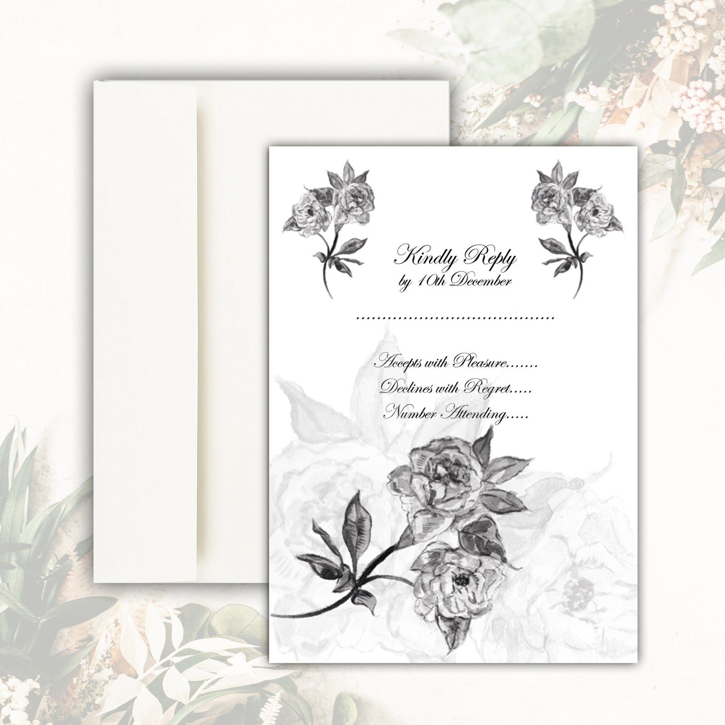 Botanical Rose RSVP Card - Black and White
