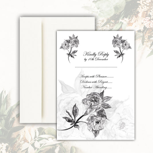 Botanical Rose RSVP Card - Black and White
