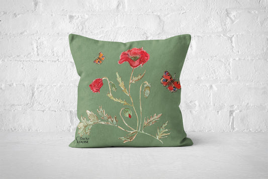 Botanical Watercress Poppies Cushion